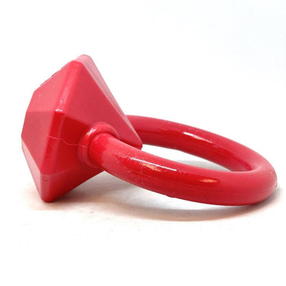 Red diamond teething ring side view with circular loop handle