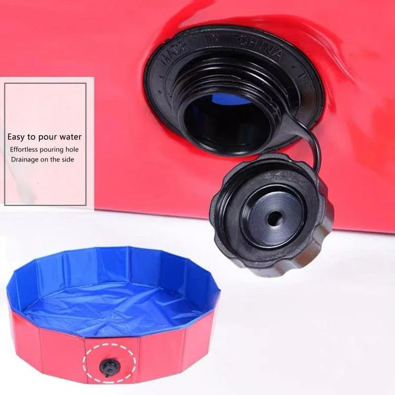 Red foldable pet swimming pool with blue interior and black drain valve
