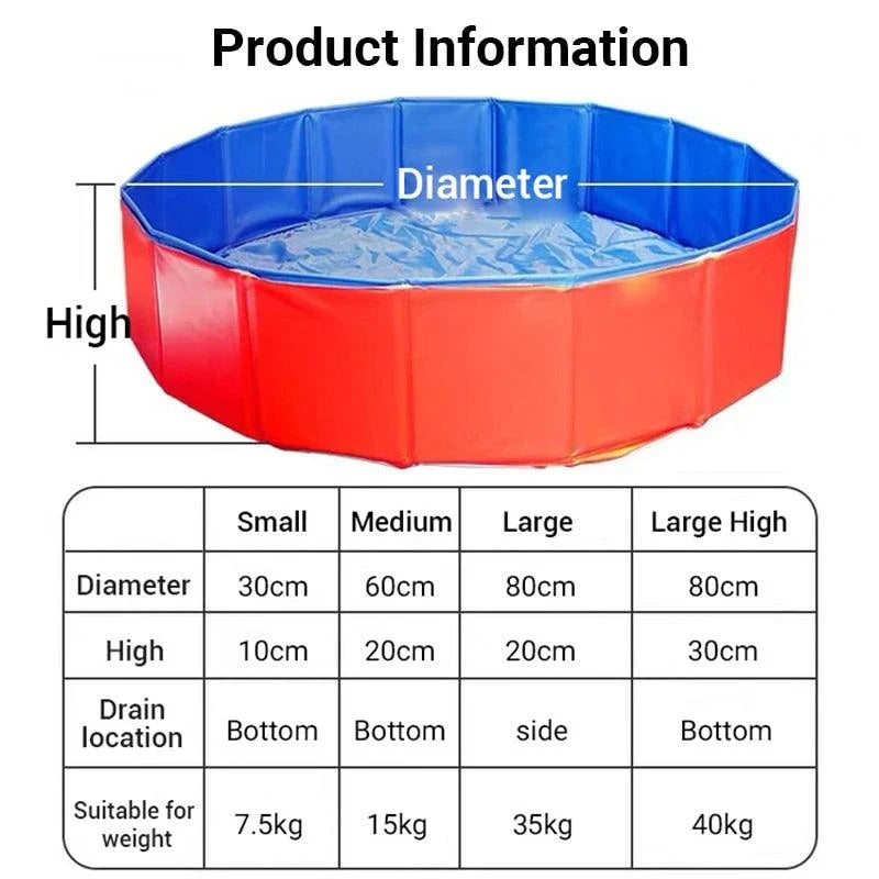 Foldable pet swimming pool size diagram with red and blue sides