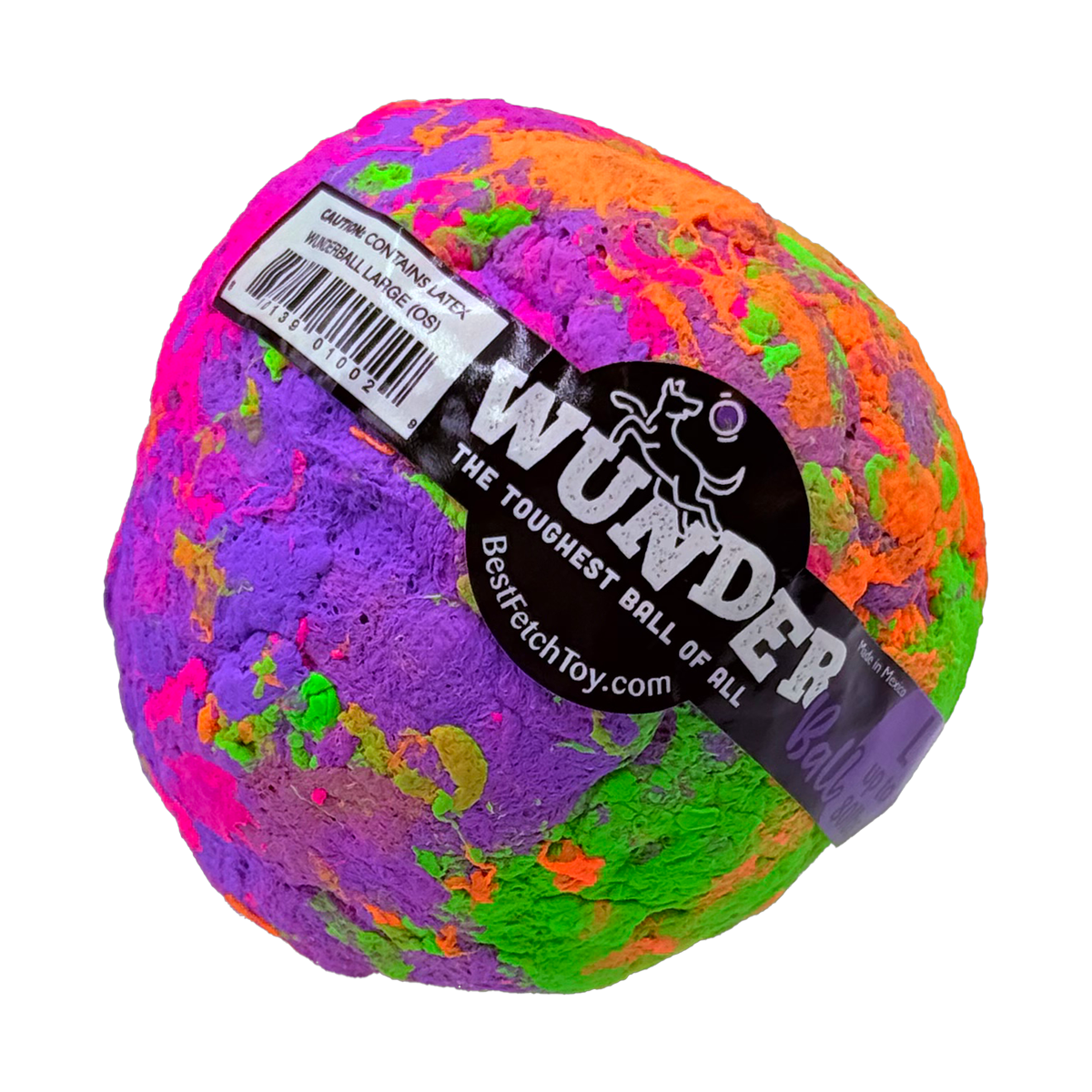 Multicolor textured fetch toy ball with printed black label band and barcode sticker