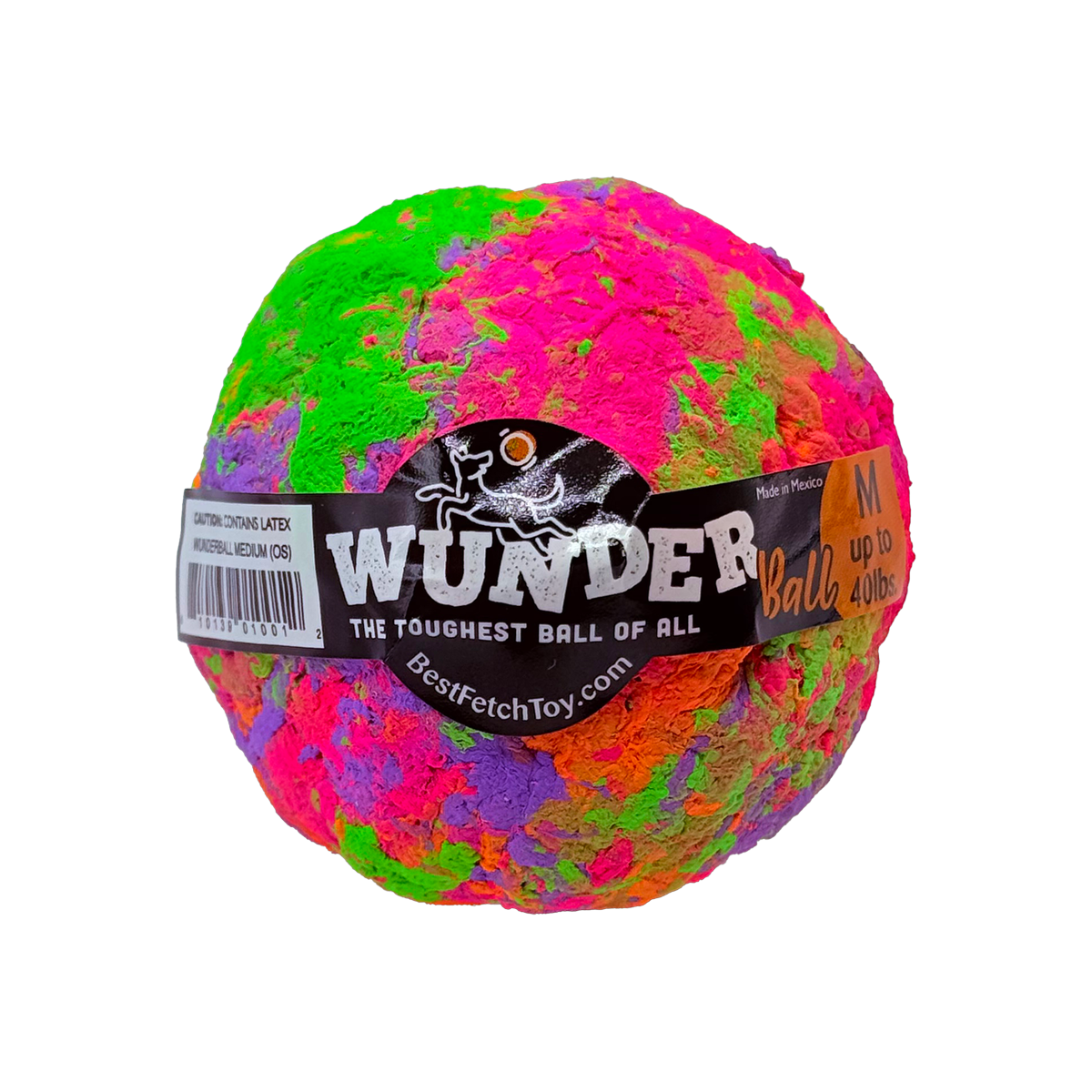 Multicolor textured fetch toy ball with black label band and barcode sticker