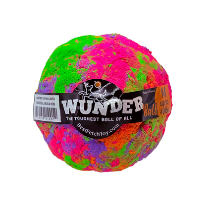 Multicolor textured fetch toy ball with black label band and barcode sticker