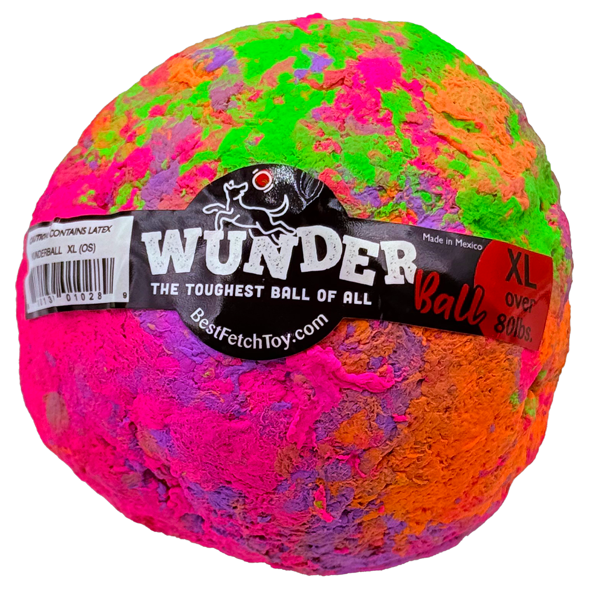 Multicolor textured WUNDERball fetch toy ball with printed black label band