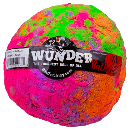 Multicolor textured WUNDERball fetch toy ball with printed black label band