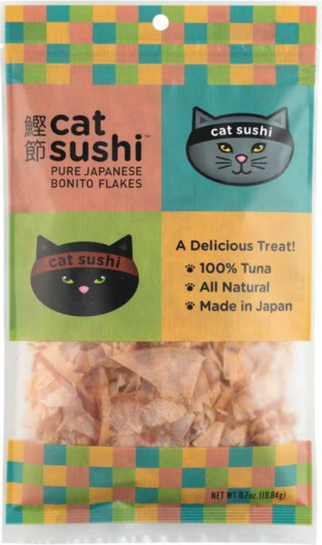 Package of cat sushi with colorful checkered border and cat-themed design.