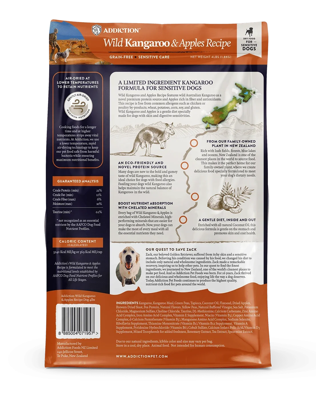 Back of Addiction Pet Foods USA Wild Kangaroo & Apples Recipe dry dog food packaging.