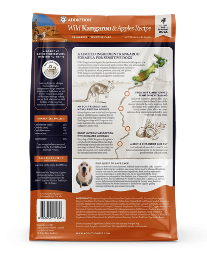 Back of Addiction Pet Foods USA Wild Kangaroo & Apples Recipe dry dog food packaging.