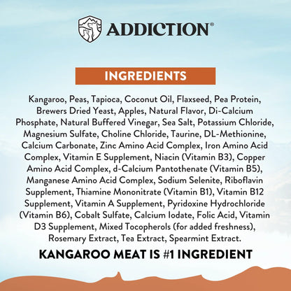 Ingredients list for Addiction Pet Foods USA Wild Kangaroo & Apples Recipe Dry Dog Food.