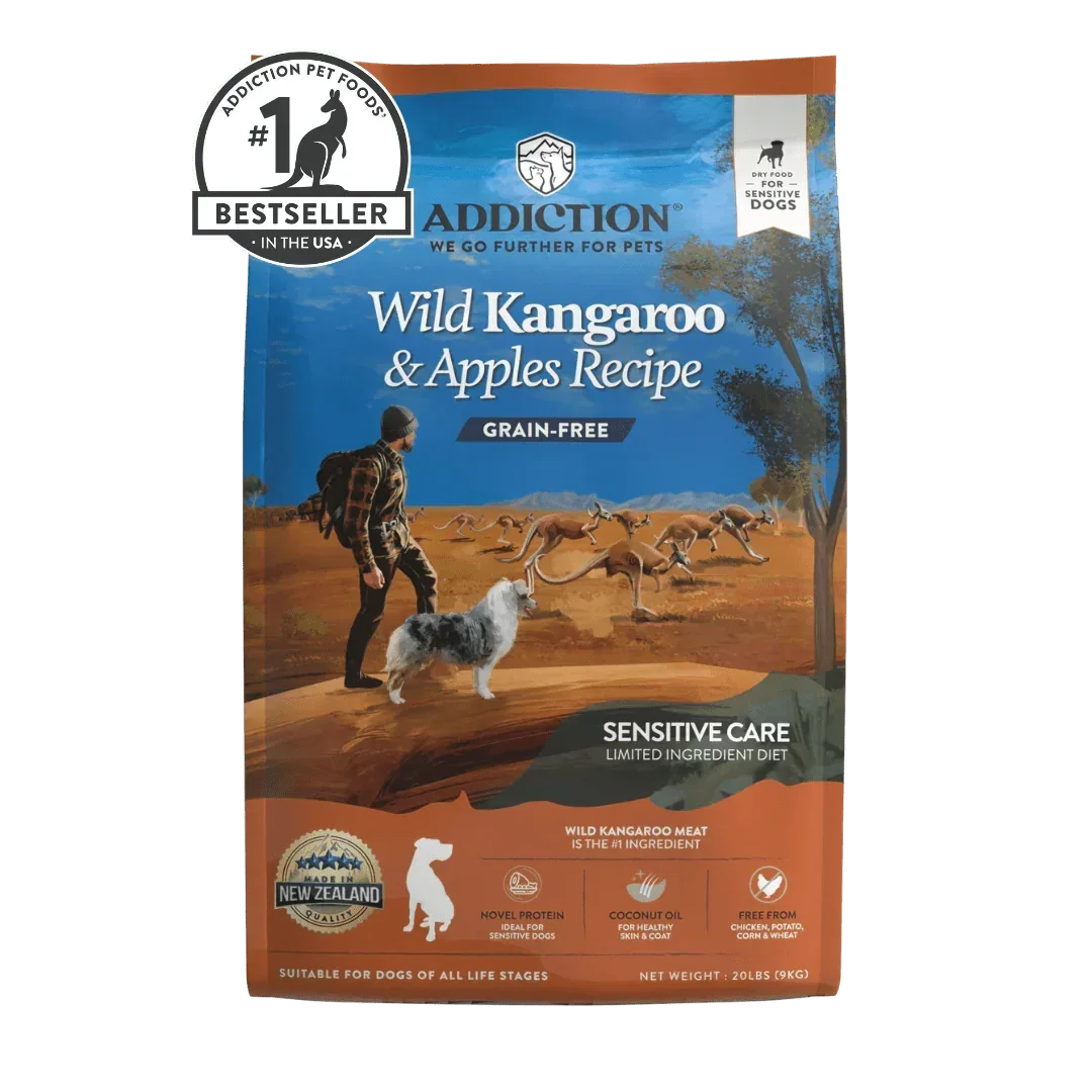 Addiction Pet Foods USA Wild Kangaroo & Apples Recipe grain-free dry dog food packaging.