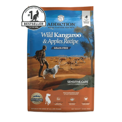 Addiction Pet Foods USA Wild Kangaroo & Apples Recipe grain-free dry dog food packaging.