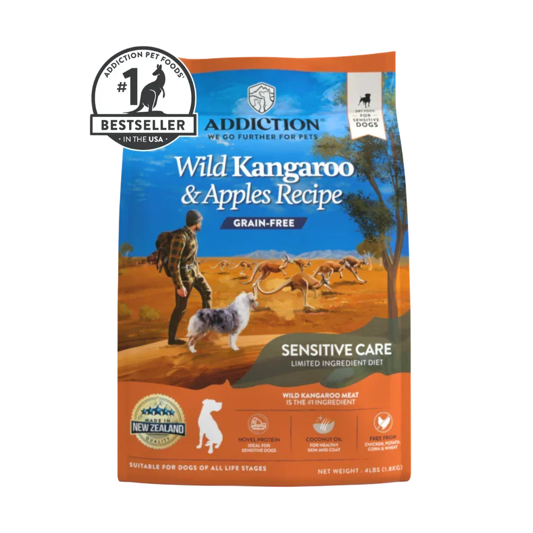 Addiction Pet Foods USA Wild Kangaroo & Apples Recipe grain-free dry dog food for sensitive care.