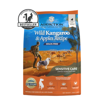 Addiction Pet Foods USA Wild Kangaroo & Apples Recipe grain-free dry dog food for sensitive care.