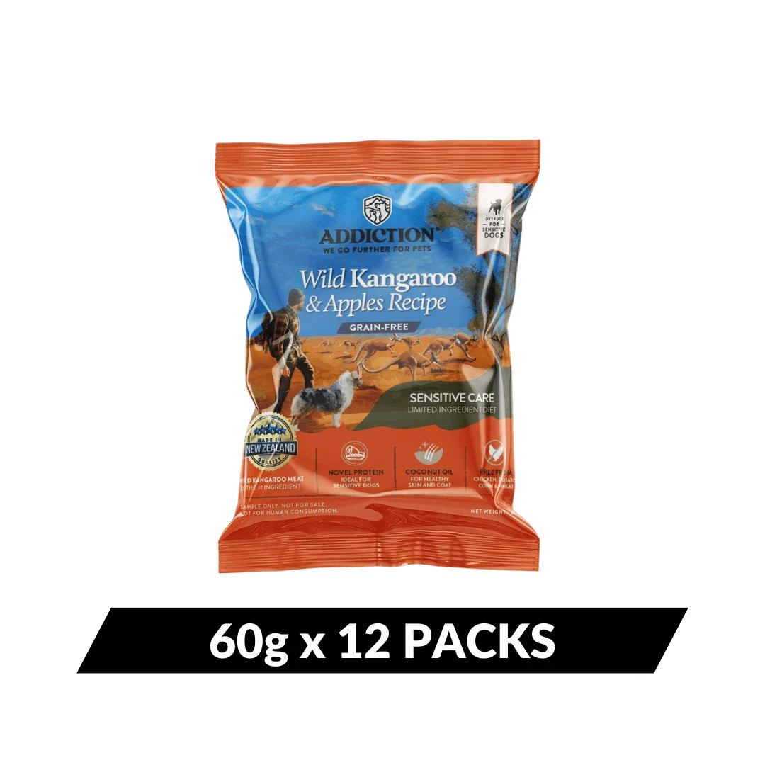 Addiction Pet Foods USA Wild Kangaroo & Apples Recipe grain-free dry dog food, 60g x 12 packs