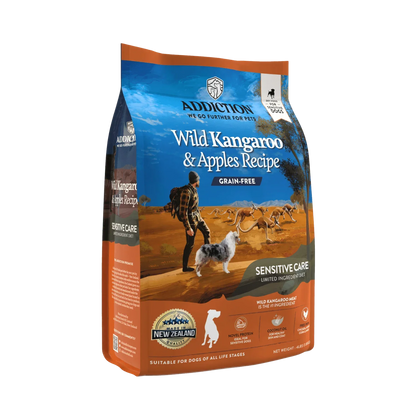 Addiction Pet Foods USA Wild Kangaroo & Apples Recipe grain-free dry dog food for sensitive care.