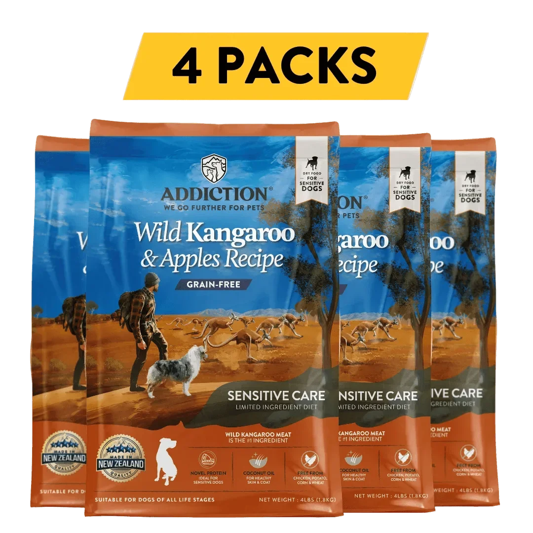 Four packs of Addiction Pet Foods USA Wild Kangaroo & Apples Recipe grain-free dry dog food.