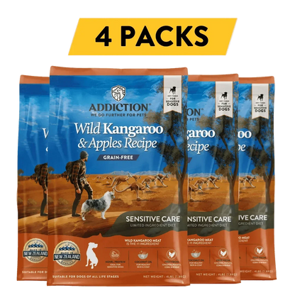 Four packs of Addiction Pet Foods USA Wild Kangaroo & Apples Recipe grain-free dry dog food.