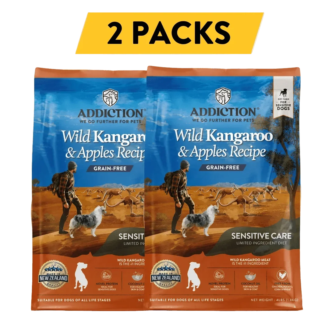 Two packs of Addiction Pet Foods USA Wild Kangaroo & Apples Recipe grain-free dry dog food.