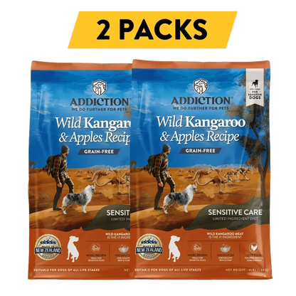 Two packs of Addiction Pet Foods USA Wild Kangaroo & Apples Recipe grain-free dry dog food.