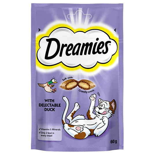 Dreamies duck flavored cat treat pouch, soft inside crunchy outside, 60 g